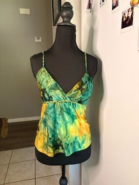 Green & Yellow Tie-Dye Spaghetti Strap Cami Top w braided straps & bra pads